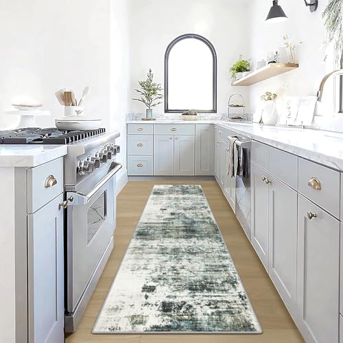 2'6''x8' Runner Rugs Washable Rug:Modern Abstract Hallway Teal Green Carpet by GENTDRIZZ