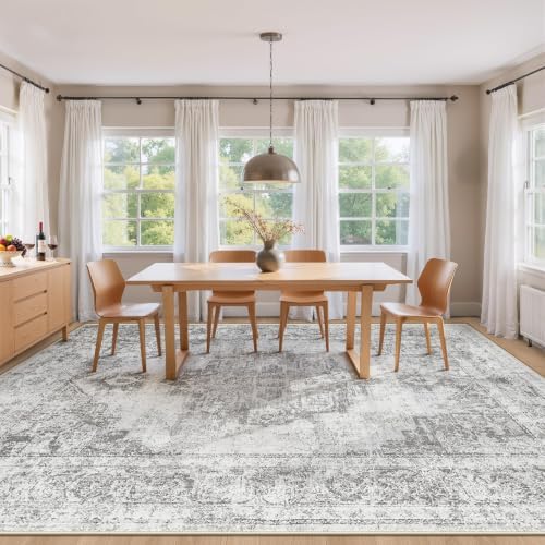 Area Rug 8x10 Vintage Rugs: Large Washable Indoor Medallion Rug Low Pile Distressed Floor Carpet Retro Accent Rugs for Living Room Bedroom Kitchen Dining Table Home Office(Grey, 8'x10') - Image 3
