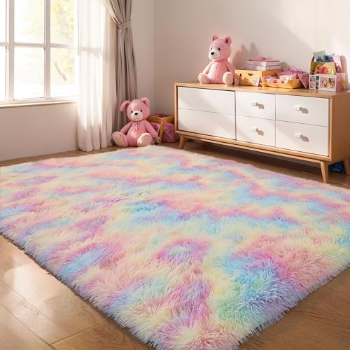 5x8 Rainbow Unicorn Fluffy Shag Rug for Girls Bedroom, Plush Carpet by KICHOWUA