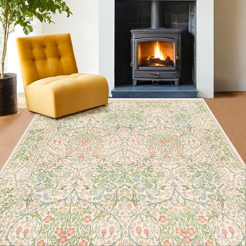 Hazo Haus Light Beige Green Living Room Rug, 6x8 Washable Area Rug for Kids Room, Bedroom, Nursery Room, Living Room, Dining Room, Low Pile Non-Slip - Vintage Design & Stain Resistance by HazoHaus