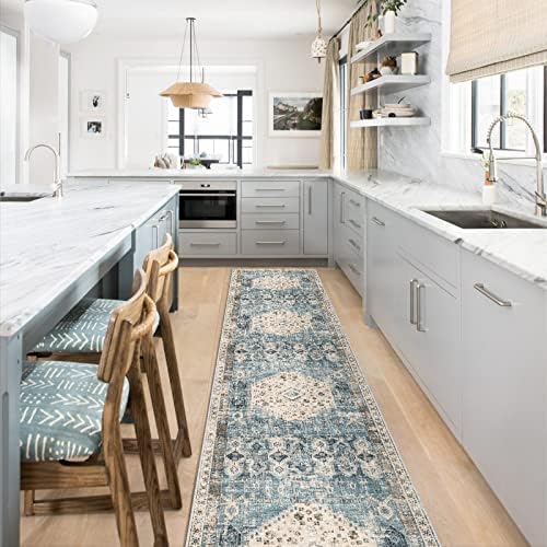 Hallway Washable Runner Rug 2'6x12 - Kitchen Runner Rugs with Non Slip Backing Stain Resistant Rugs for Living Room Bedroom Carpet Distressed Rug Floor Deocr Mat (2‘6''x12', Aqua Blue) - Image 3