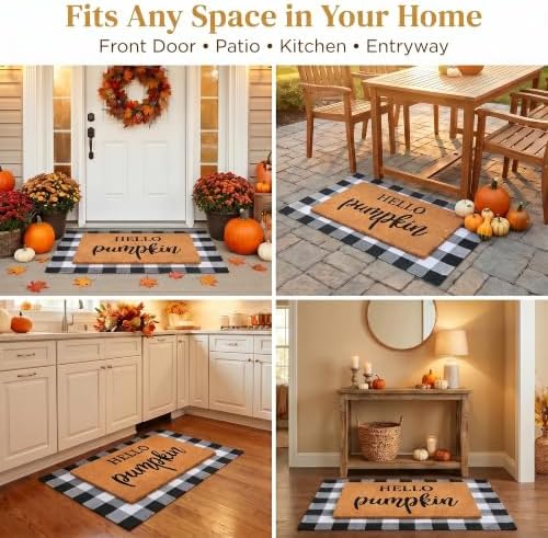 Fall Decor Door Mat Combo Set, 100% Coco Coir Welcome Mat + 28 x 43 Inches Black and White Plaid Rug - Fall Thanksgiving Front Porch Entryway Floor Doormat, Indoor Outdoors Autumn Mats Hello Pumpkin - Image 5