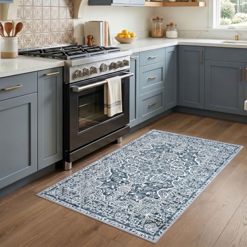 KUTA 3x4 Entryway Rug Vintage Floral Washable Area Rugs Blue White - Image 2