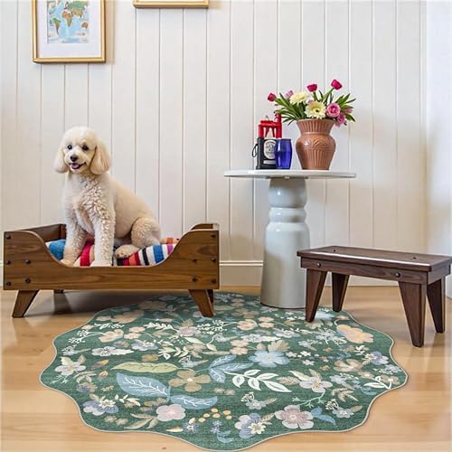 4ft Scalloped Small Round Rug: Non-Slip Washable Floral Circle Rug Green - Image 4