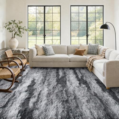6x9 Large Fluffy Shaggy Area Rugs Non-Slip for Living Room Tie-Dyed Grey - Image 4