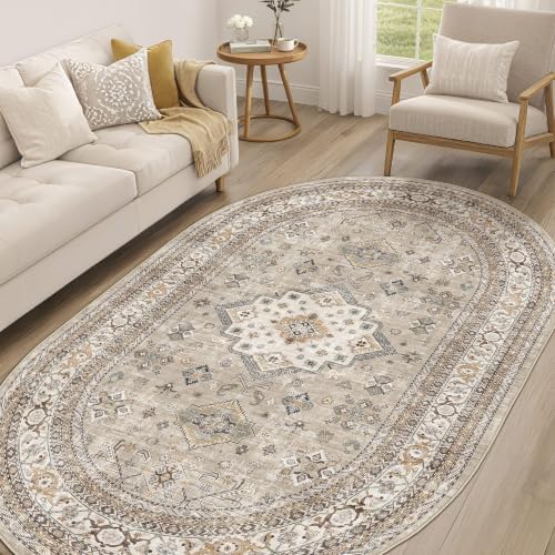 cotiled 6x9 Ellipse Area Rug for Living Room, Washable, Traditional, Beige by COTILED