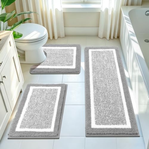 Pauwer Bathroom Rugs 3 Piece Set, Non Slip Washable Bath Mat, Light Grey by Pauwer