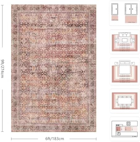 6x9 Area Rugs - Washable Vintage Retro Living Room Rug, Soft Ultra Thin Non Slip Low Pile Traditional Distressed Boho Carpet for Bedroom Dining Room Nursery Home Office, Vintage Iron Red - Image 2
