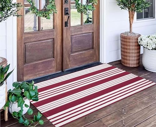 BUAGETUP Red and White Outdoor Rug 24"x51"Washable Front Porch Rug by BUAGETUP