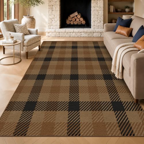 JTJ Easy Jute 6x9 Outdoor Area Rug, Black & Brown Plaid, Washable - Image 3