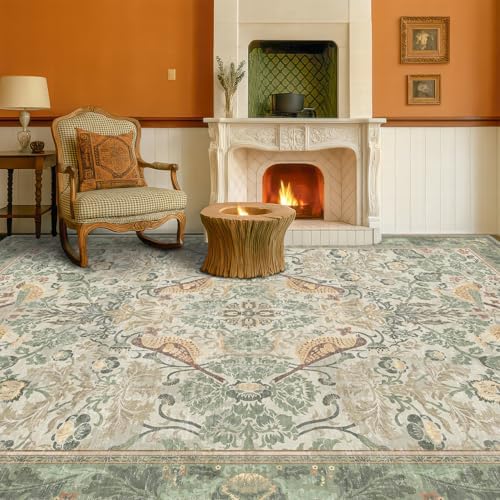 Hazo Haus Washable Living Room Rug 7x10 - Sage Floral Rugs for Bedroom, Vintage Bird Patterned Dining Room Kitchen Table Rug for Under Table, Stain Resistant Non-Slip - Image 3