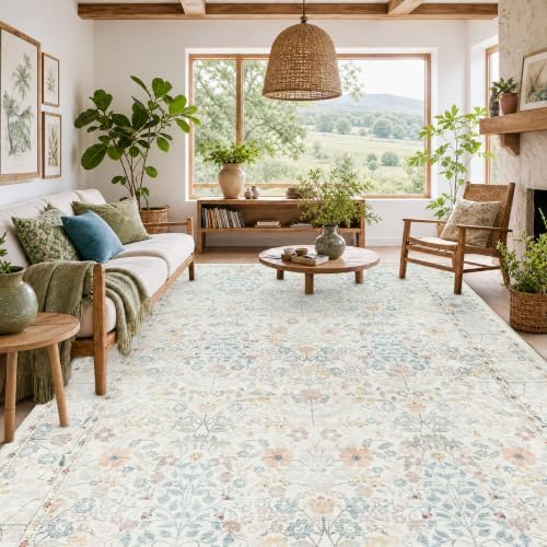 SparkleGaze Vintage White Ivory Beige Floral Living Room Rug, 8x10 Washable Area Rugs for Dining Room Under Kitchen Table, Bedroom, Farmhouse Ultra Soft Low Pile Stain Resistant Non-Slip Large Carpet - Image 4
