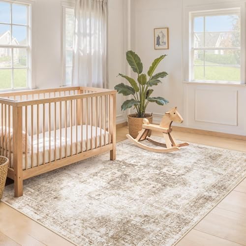 Area Rug 4x6 Washable Rug, Vintage Boho Medallion Rugs Non-Slip Soft Low Pile Distressed Rug Indoor Retro Carpet for Living Room Bedroom Dining Room Home Office (Brown, 4'x6') - Image 3