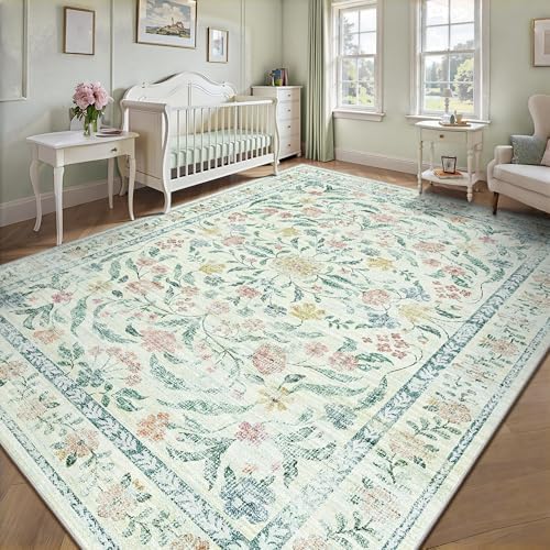 8x10 Area Rugs, Machine Washable Low Pile Floral Rugs for Living Room, Bedroom, Large Boho Area Rug with Non-Slip Backing for Dining Room(Beige Bloom) - Image 5