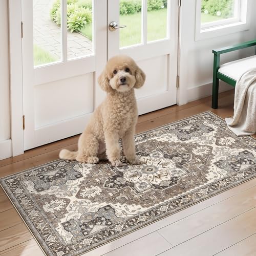 RUUGME Entryway 2x4 Runner Rug: Washable Vintage Rugs Low Pile Lightweight Stain Resistant Carpet for Kitchen Bedroom Non-Slip Soft Thin Floor Mat for Bathroom Laundry Room (Beige,2x4) by RUUGME