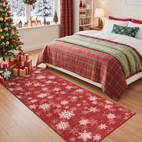 2x6 Runner Rug Non Slip for Entrance, Washable Christmas Kitchen Rugs, Ultra-Thin Snowflake Bathroom Rug Runner, Soft Red and White Christmas Decor Indoor(2'x6', Red/White) - Image 5