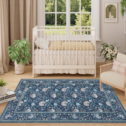 DUKINO 3x5 Rug, Washable Vintage Floral Bedroom Area Rug Non Slip Dark Blue - Image 3