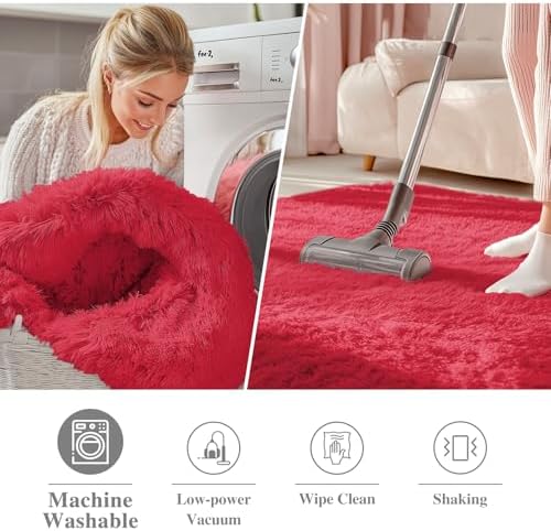 OLANLY Red Round Rugs for Bedroom - Machine Washable, 2 ft Circle Area Rugs for Living Room, Soft and Fluffy Shaggy Carpet for Teen Girls and Boys, Nursery Rooms, Dorms, Home Decor Aesthetic - Image 2