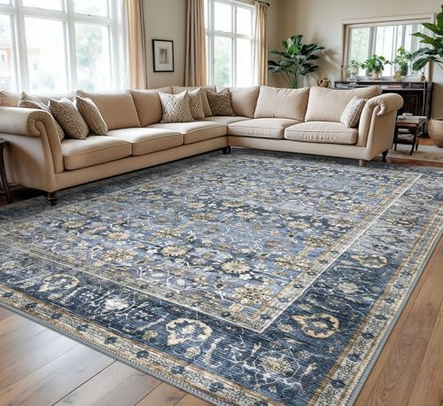 KUTA Vintage Floral 9x12 Area Rug Blue Grey Beige Large Washable Rugs by KUTA
