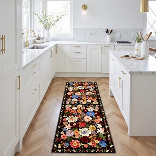 Black Brown Floral Hallway Runner Rug 3x7 for Bedroom Kitchen - Image 4