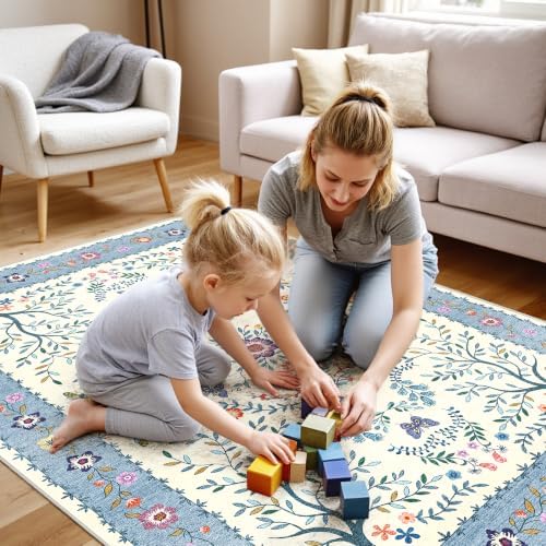 4x5 Area Rug Washable Vintage: Non Slip Entryway Floor Carpet Blue Ivory by Ksrau
