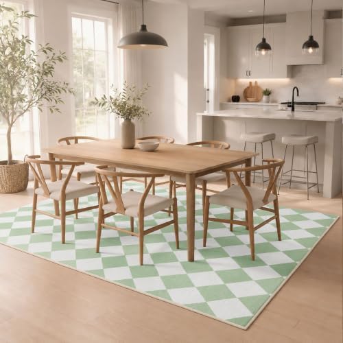 2x3 Checkered Area Rug for Living Room, Soft Low Pile Green Rugs - Image 4