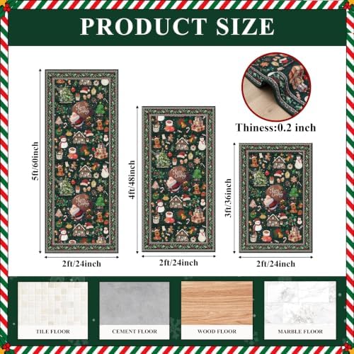 Christmas Kitchen Rug Set of 3: Non-Skid Washable Holiday Kitchen Floor Mat Soft Low Pile Throw Rugs and Runner for Entryway Bathroom Hallway Christmas Decor for Laundry (Christmas Green,2x3+2x4+2x5) - Image 2
