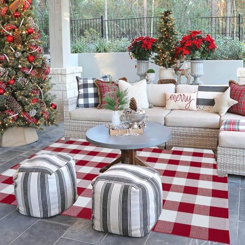 Buffalo Plaid Outdoor Rug, 4' x 6' Red&White Christmas Check Indoor/Outdoor Area Rug, Layering Rug for Hello/Welcome Door Mat, Machine Washable Cotton Woven Rug for Farmhouse Front Porch, Entryway - Image 4
