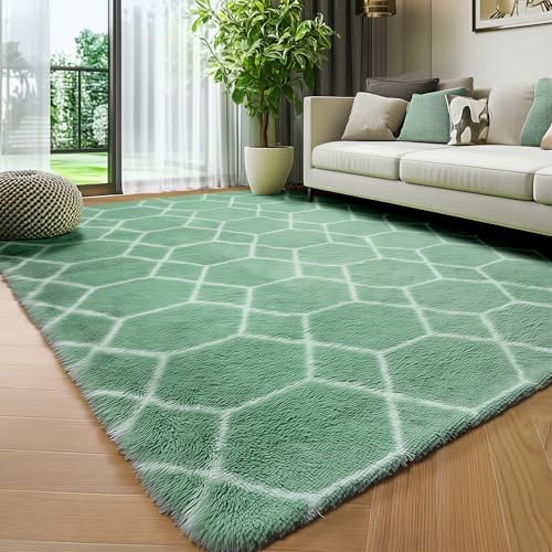 Area Rugs for Bedroom Living Room, 4x6 Fluffy Sage Green and White Rug - Image 5