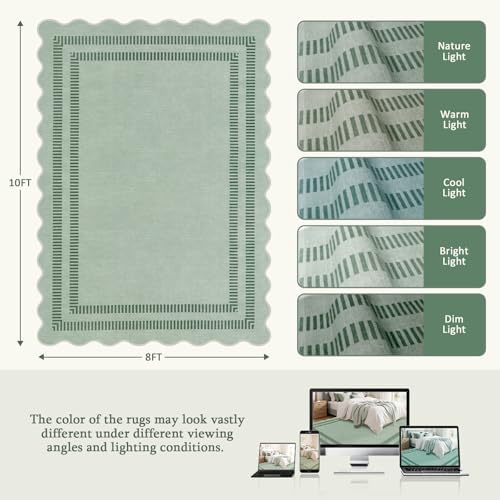 Washable 8x10 Rugs for Living Room Bedroom, Non-Slip Sage Green Indoor Carpet for Dining Room Office, Ultra Thin Scalloped Soft Carpets for Kids Nursery Playroom - Image 2