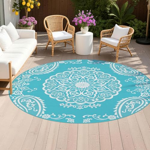 Pauwer Outdoor Rug 8ft, Waterproof Plastic Straw Camping Rug, Boho Teal by Pauwer