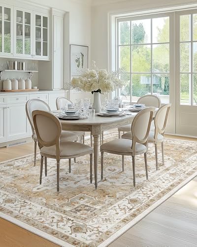 Amada 6x9 Washable Area Rug for Dining Room, Beige, Vintage Pattern - Image 3