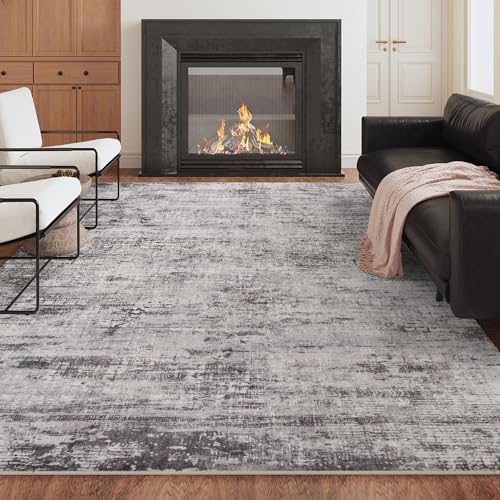 6x9 Black Gray Washable Area Rug for Living Room, Vintage Print by Unknown