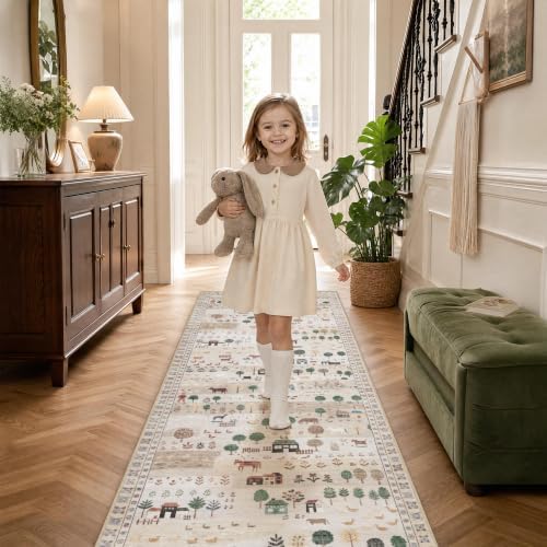 Machine Washable Runner Rug 2x6 Ft, Whimsical Rug, Vintage Farmhouse Beige - Image 4