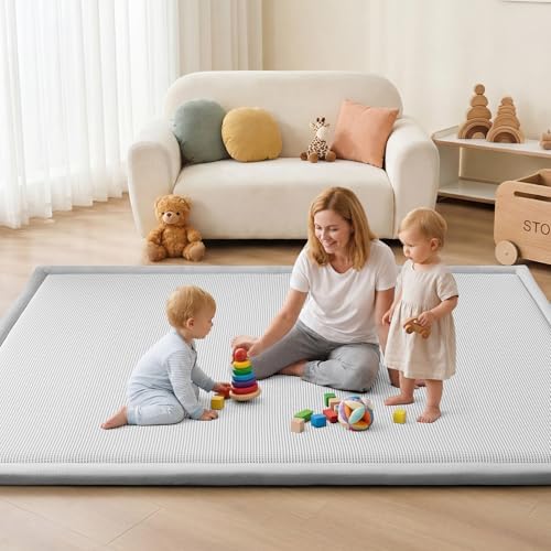 Baby Play Mat for Floor Tummy Time Nursery Rug Muscle Area Rug Playroom Rug 59x79" Elastic Foam 1.3" Thick Crawling Mat for Babies,Toddlers, Infants,Kids(Plaid Light Grey) - Image 6