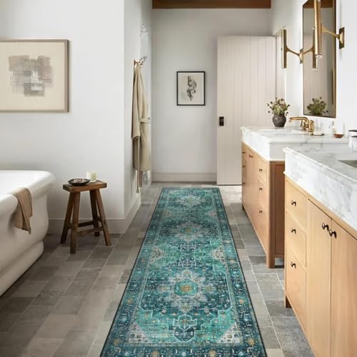 Moynesa Ultra-Thin Washable Runner Rug - 2'6" x 10' Teal Runners for Hallways Stair Carpet Runner, Oriental Non Skid Non Shedding Low Pile Kitchen Mat for Bedroom Mudroom Hardwood Floor - Image 7