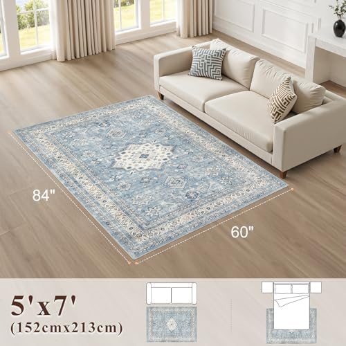 cotiled 5x7 Area Rug for Living Room, Washable, Traditional, Blue - Image 2