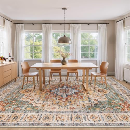 Area Rug 8x10 Vintage Rug: Large Washable Indoor Medallion Rugs Low Pile Distressed Floor Carpet Retro Accent Rug for Living Room Bedroom Kitchen Dining Table Home Office(Green/Yellow, 8'x10') - Image 3