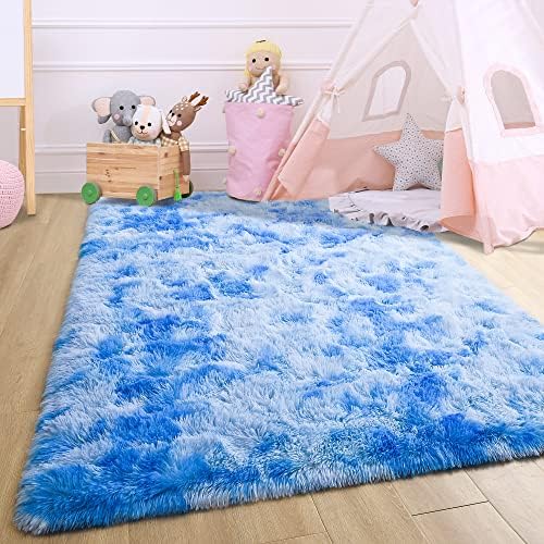 6x9 Large Tie-Dyed Blue Fluffy Soft Area Rug Non-Slip for Kids Bedroom - Image 3