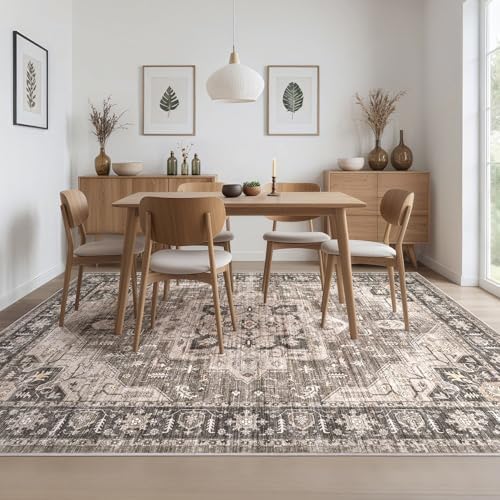 Area Rugs 9x12 Living Room: Washable Vintage Dark Brown Rug - Image 4