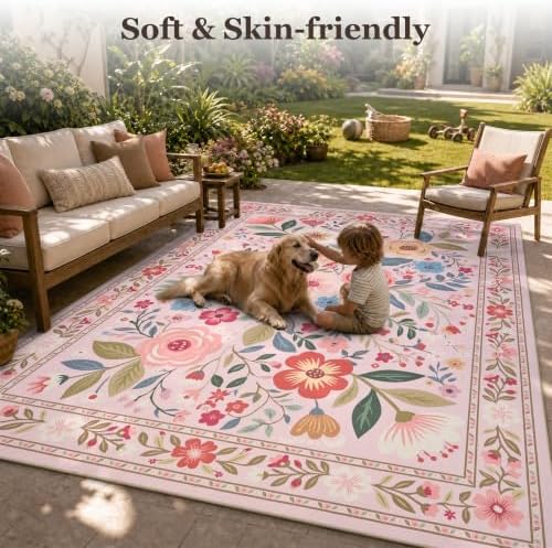PADOOR Outdoor Rug 8x10 ft, Floral Washable Indoor Outdoor Area Rug, Flat‑Woven with Quick Dry Patio Carpet, Fade & Shed Resistant, Non‑Slip & Soft for Patio, Deck, Backyard, Porch, Living Room, Pink - Image 6