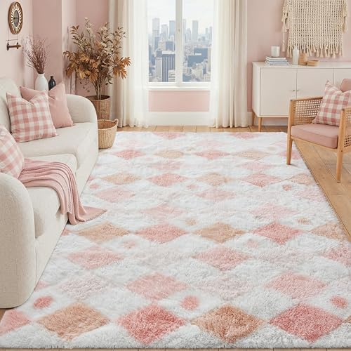PureCozy Pink 5x8 Area Rug for Living Room Soft Checkered Shag Carpet by PureCozy