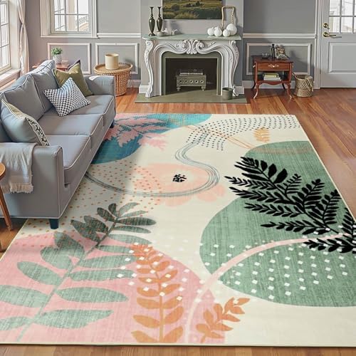 ST. BRIDG Green Botanical Print Washable Rugs for Living Room Bedroom, 4x6 Washable Area Rugs Ultra-Thin Soft Boho Rug, Non Slip Low Pile Stain Resistant Carpet for Kitchen, Laundry, Dining Room by STBRIDGE