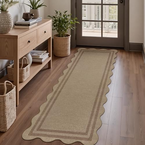 Scalloped Easy Jute 2x6 Kitchen Runner Rug, Washable Rugs for Entryway Non Slip Outdoor Indoor Hallway Rug, Farmhouse Brown Carpet for Entry Bedroom Laundry by LORWER
