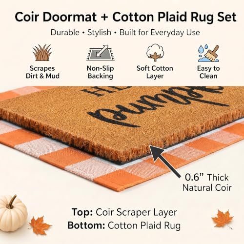 Fall Decor Door Mat Combo Set, 100% Coco Coir Welcome Mat + 28 x 43 Inches Orange and White Plaid Rug - Fall Thanksgiving Front Porch Entryway Floor Doormat, Indoor Outdoors Autumn Mats Hello Pumpkin - Image 4