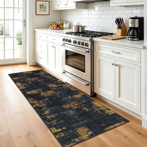 Modern Hallway Runner Rug 2x6,Textured Non Slip Carpet Runner,Navy/Gold - Image 2