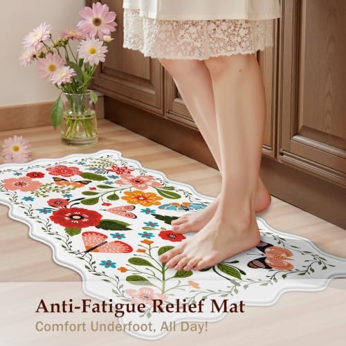 Arenarug Scalloped Kitchen Mats for Floor 2PC Cushioned Anti Fatigue Kitchen Mats Rugs Waterproof Non Slip Farmhouse Boho Floral Comfort Foam Standing Mat for Sink Laundry, White - Image 4