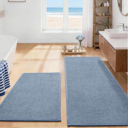 YIHOUSE Long Large Bathroom Rugs Sets 2 Piece, Quick Dry Thin Bath Mat, Non Slip Absorbent Machine Washable, Bath Runner Rug for Tub Sink Home Decor (24"x36" + 24"x59",Navy Blue) by YIHOUSE