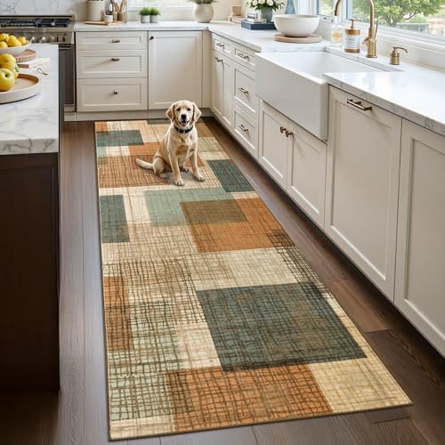Washable 2x8 Runner Rug for Hallway Kitchen Bedroom, Orange/Blue - Image 2
