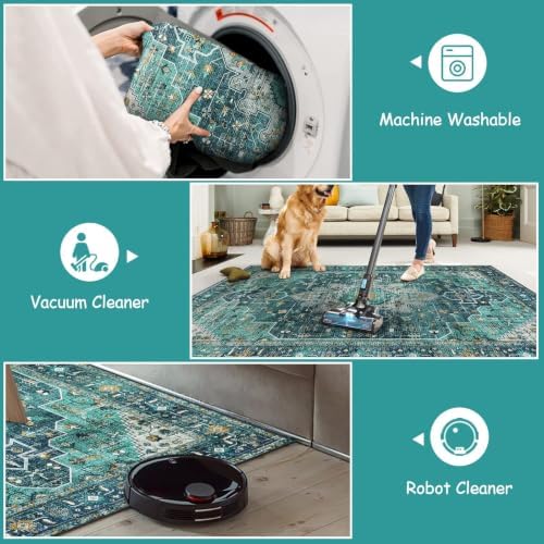 Moynesa Ultra-Thin Washable Runner Rug - 2'6" x 10' Teal Runners for Hallways Stair Carpet Runner, Oriental Non Skid Non Shedding Low Pile Kitchen Mat for Bedroom Mudroom Hardwood Floor - Image 4